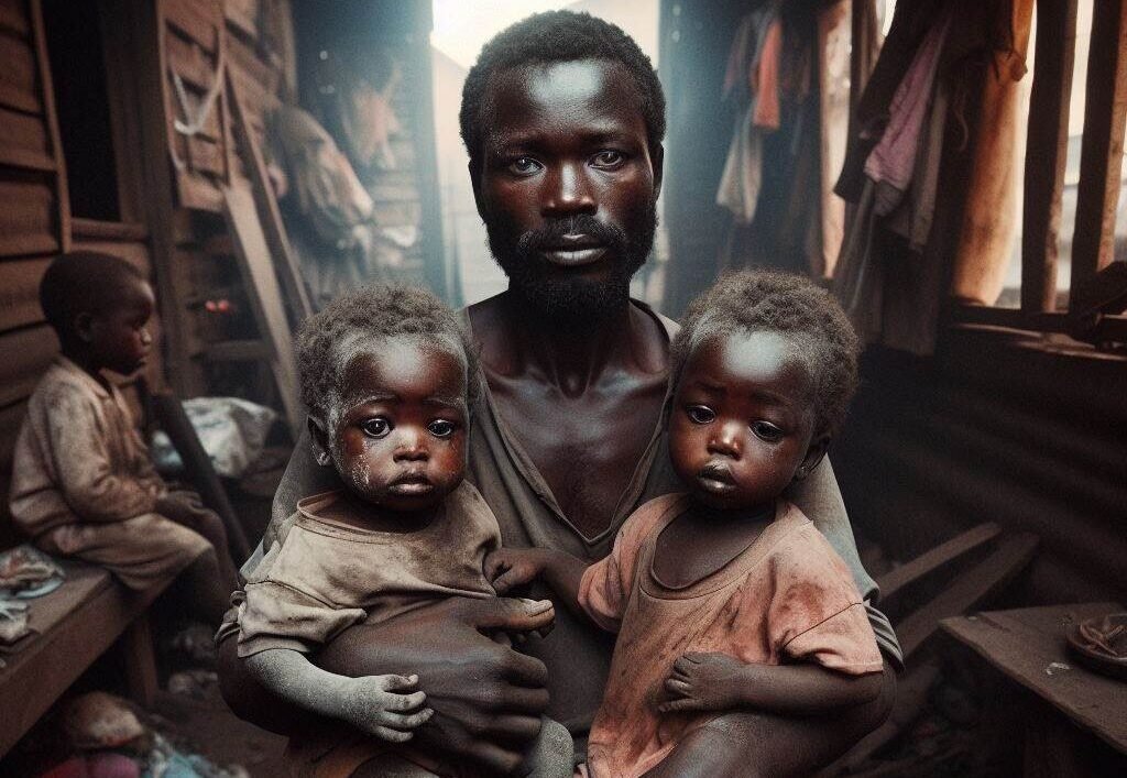 Une père démunis tenant dans ses bras ses deux enfants, assis dans leur maison insalubre.